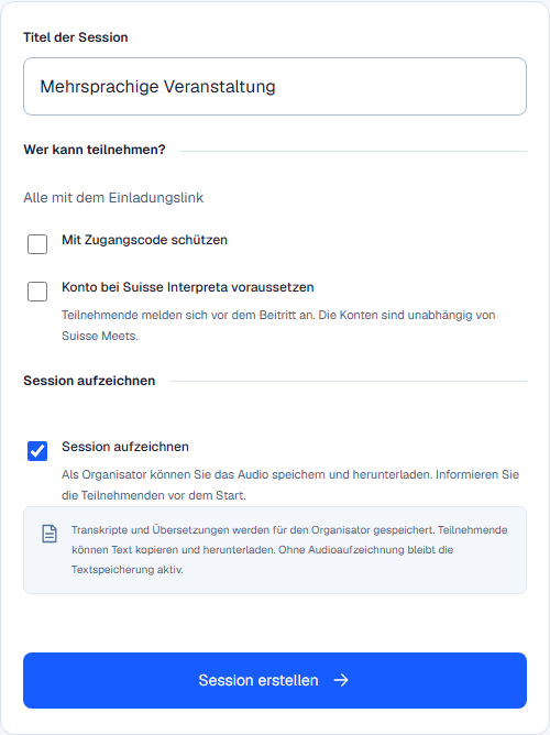 Formular zum Erstellen einer Session